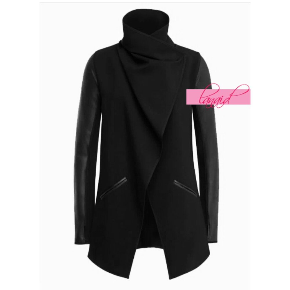 Spanx Faux Leather Drape Front Jacket Very Black Edgy Motorcycle Leather Coat S - Picture 12 of 16